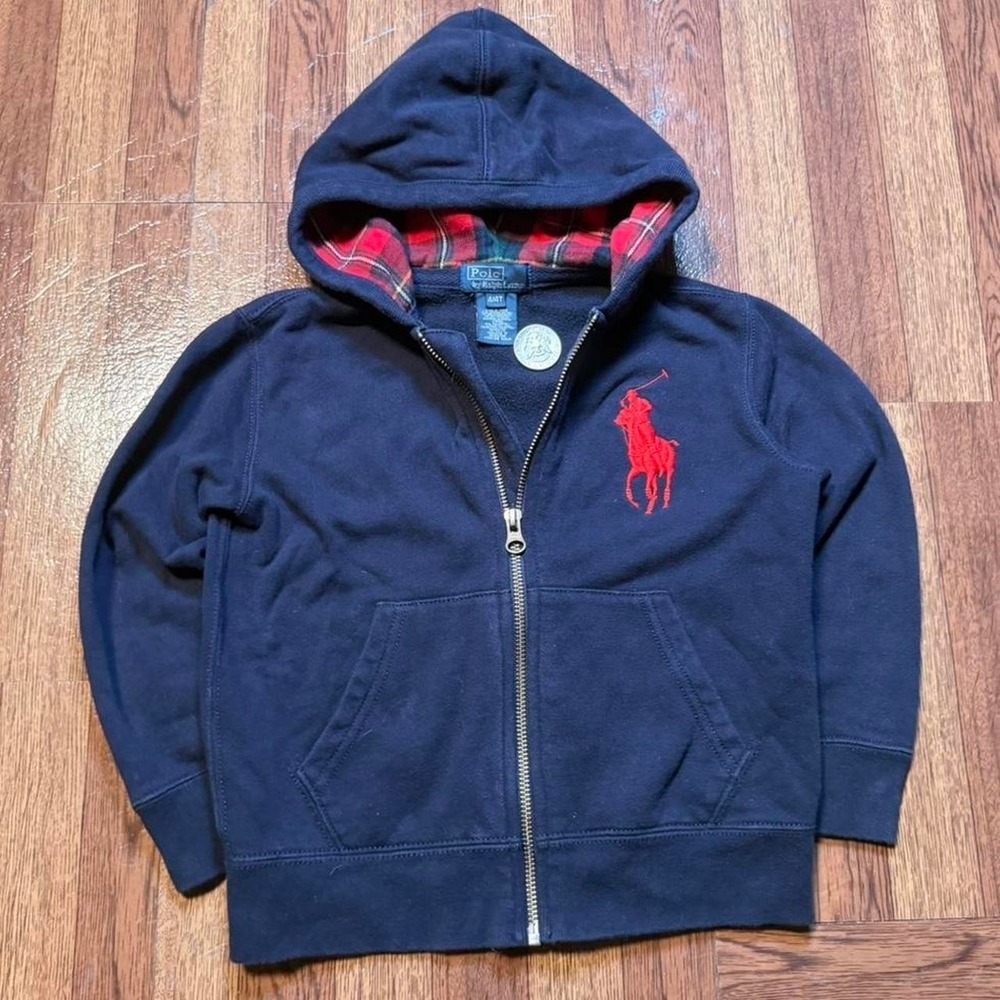 Polo Ralph Lauren Vtg 90's Big Pony Plaid Zip Hoodie 4 Years